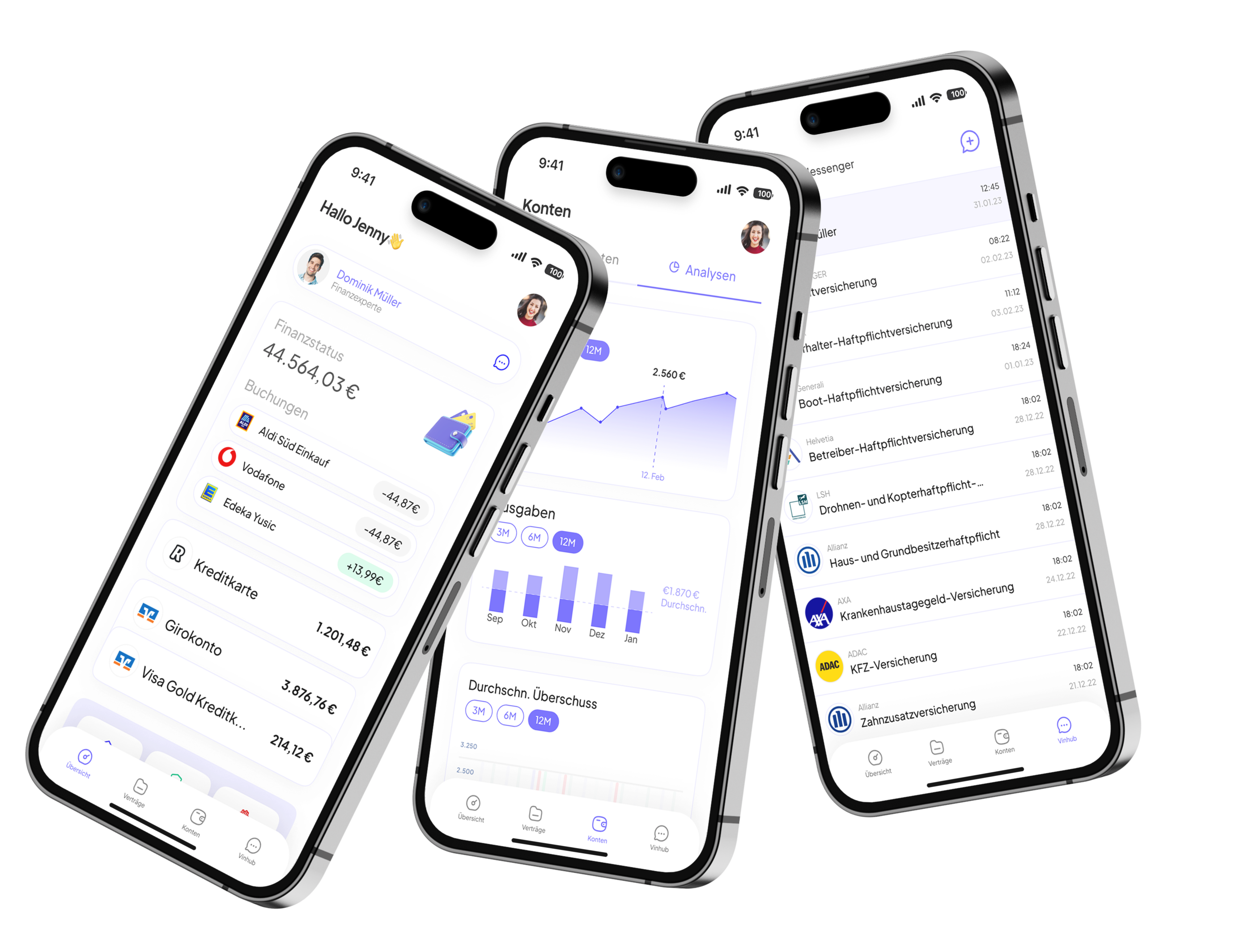 Vinlivt-App mit Finanzübersicht, Konten, Einnahmen und Ausgaben sowie Nachrichten auf drei Smartphones